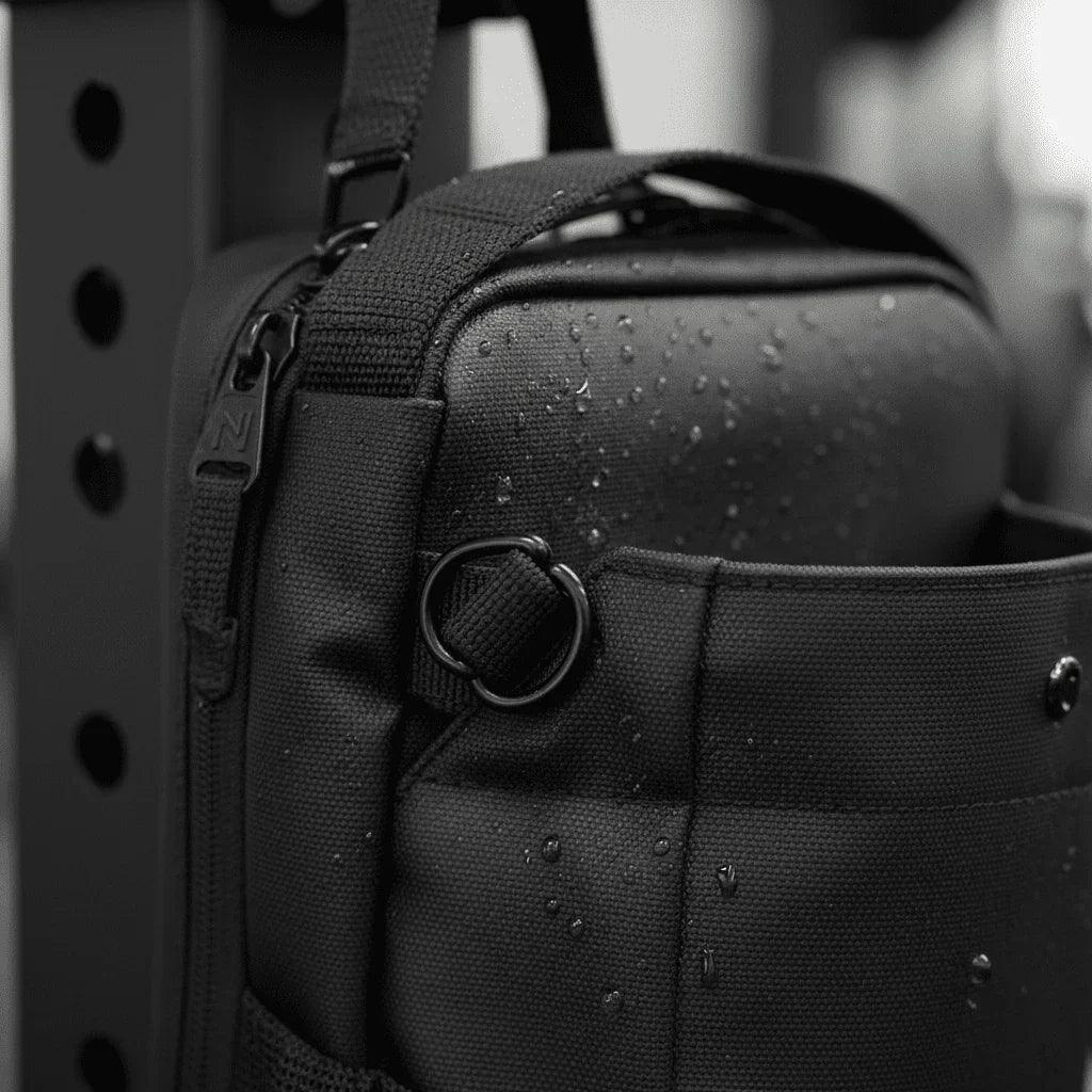 Close-up of GlenNest magnetic gym bag with water-resistant fabric, attached to gym equipment.