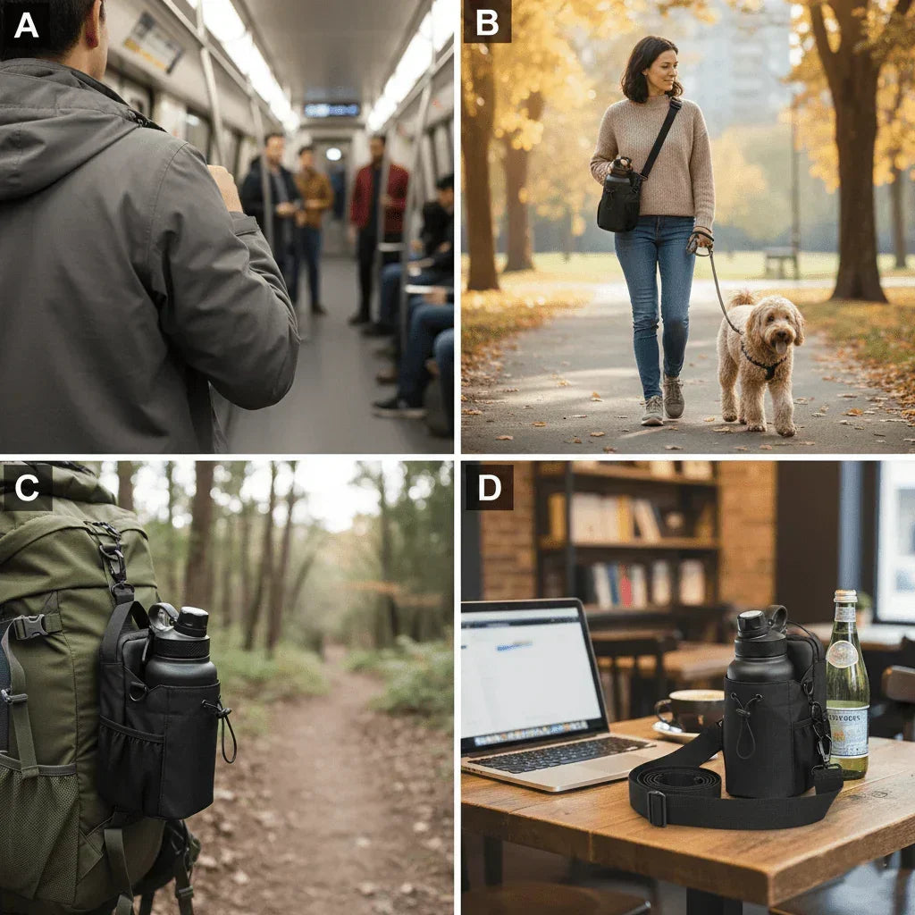 Versatile black magnetic gym bag shown on subway, during dog walk, on backpack, and cafe table.