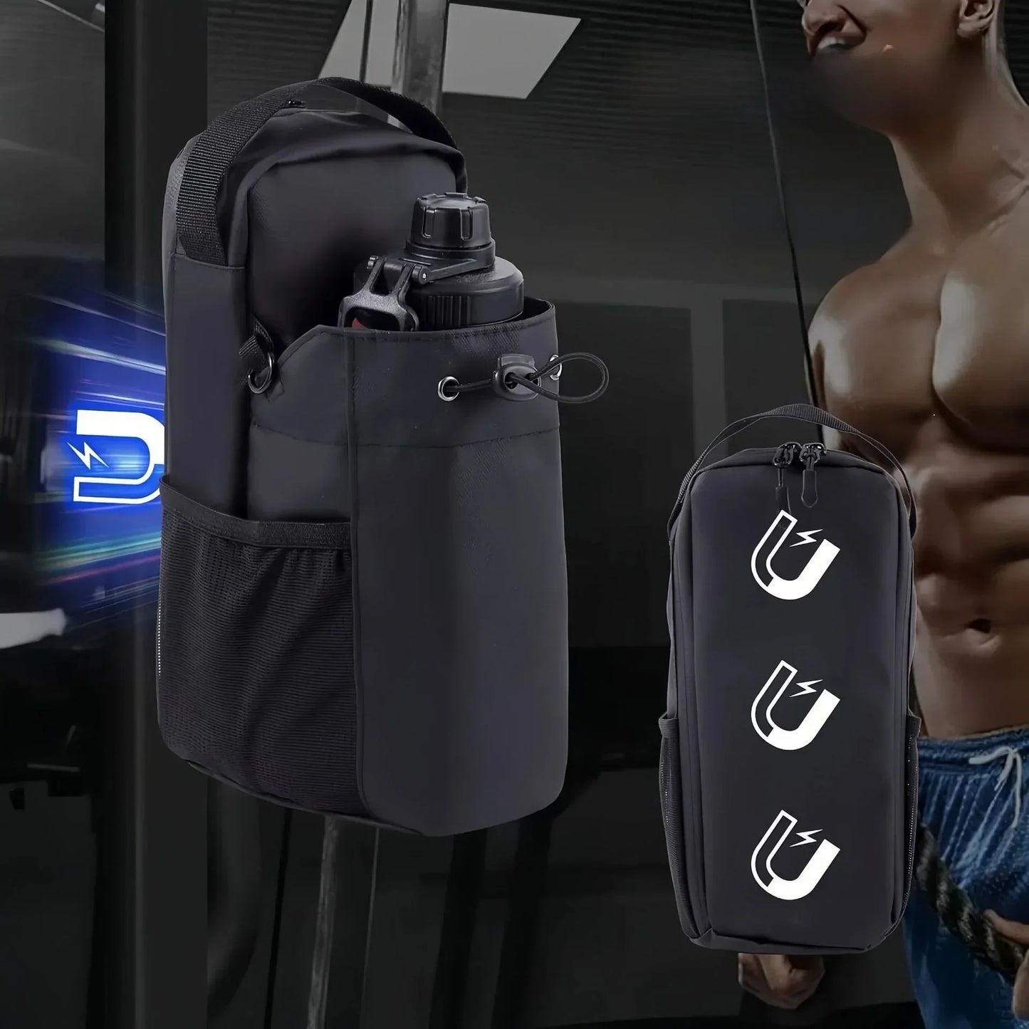 Magnetic black gym bag with bottle holder attached to equipment, muscular man in background