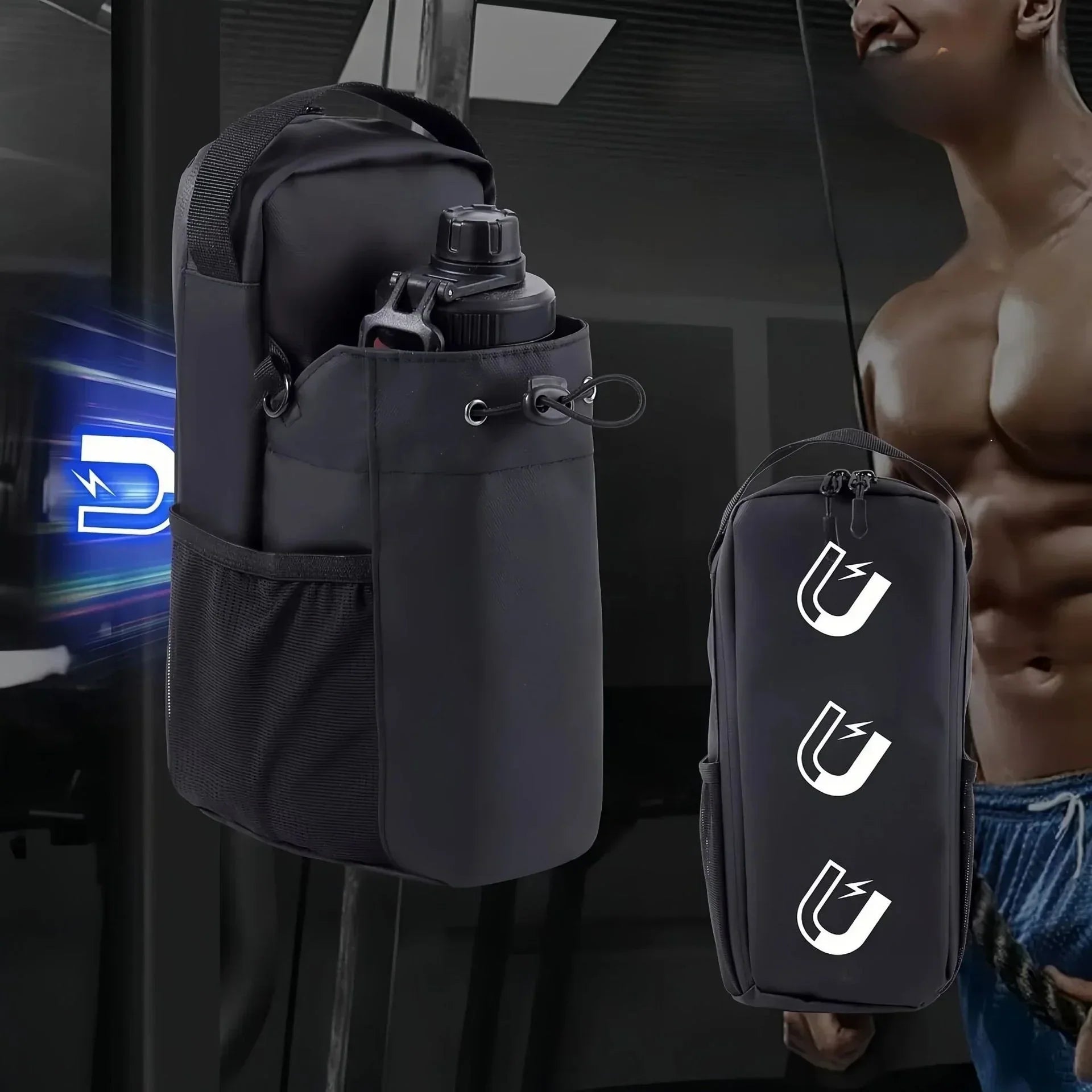 Magnetic black gym bag with bottle holder attached to equipment, muscular man in background