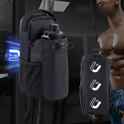 Magnetic black gym bag with bottle holder attached to equipment, muscular man in background