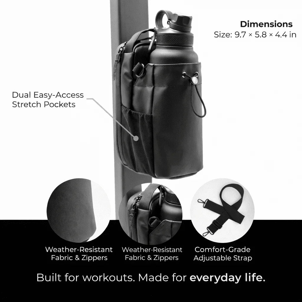 Magnetic gym bag with dual stretch pockets, water bottle, weather-resistant fabric, and adjustable strap attached to gym equipment by GlenNest.