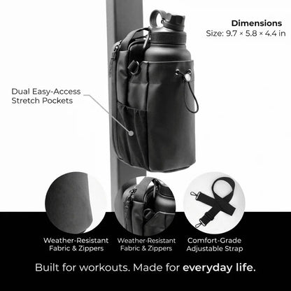 Magnetic gym bag with dual stretch pockets, water bottle, weather-resistant fabric, and adjustable strap attached to gym equipment by GlenNest.