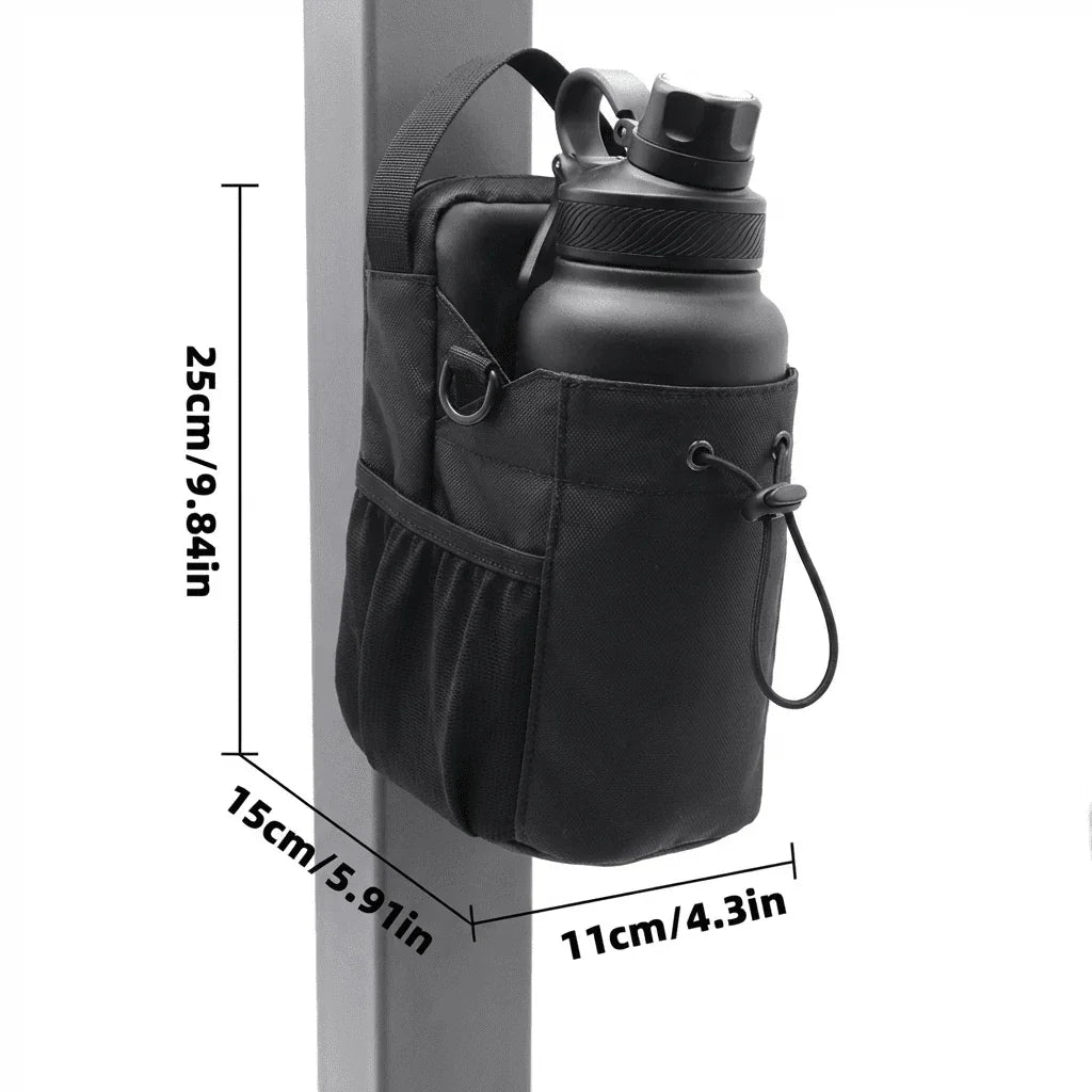 Black GlenNest magnetic gym bag with water bottle attached to metal gym equipment, labeled dimensions.