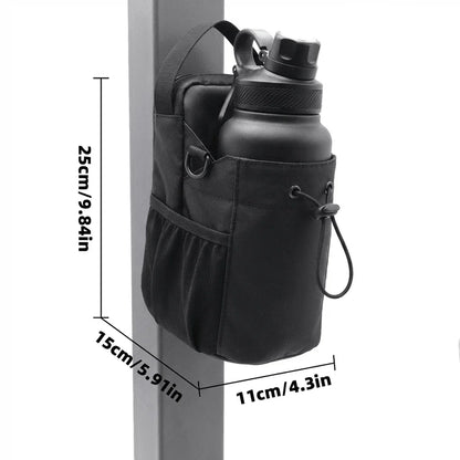 Black GlenNest magnetic gym bag with water bottle attached to metal gym equipment, labeled dimensions.