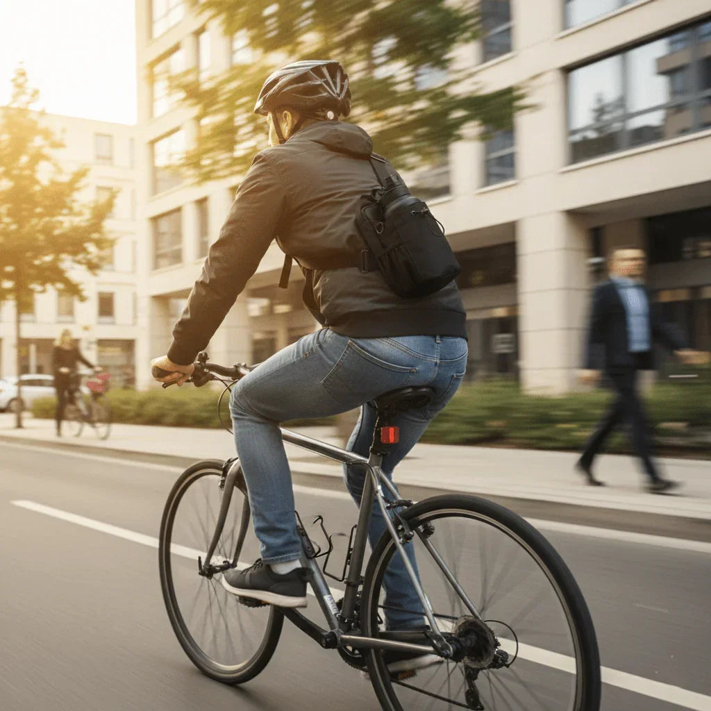 Cyclist with black backpack rides through city street in sunlight, featuring urban commute essentials