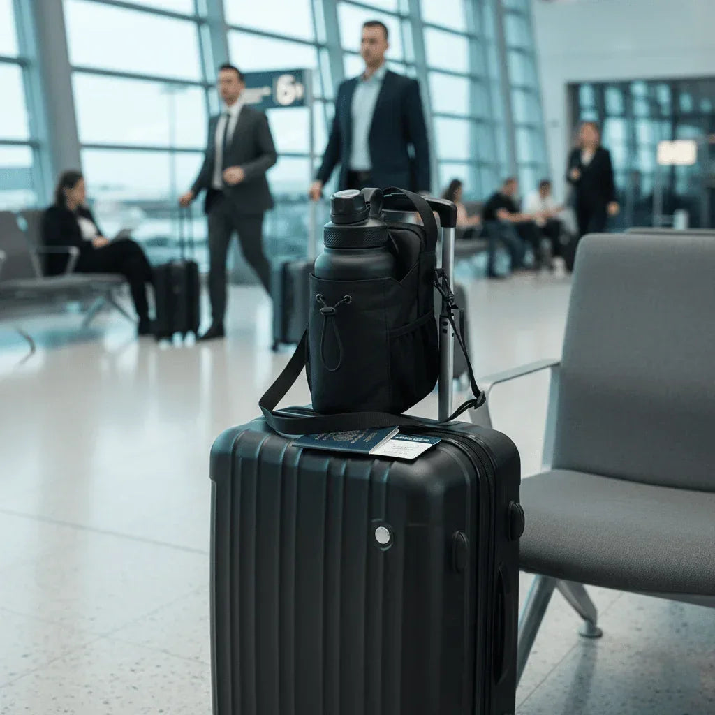 Black GlenNest gym bag and water bottle on suitcase at airport terminal, travel essentials