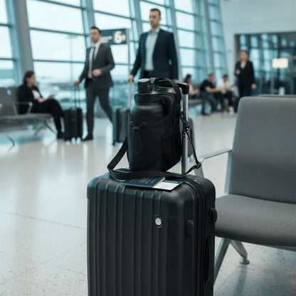 Black GlenNest gym bag and water bottle on suitcase at airport terminal, travel essentials