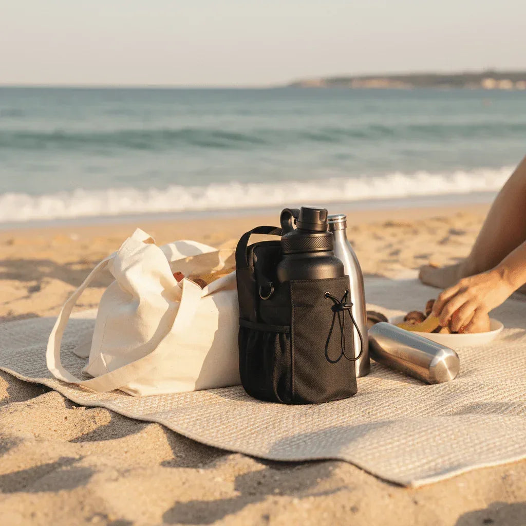 Magnetic Gym Bag and water bottles on beach mat, GlenNest essentials for outdoor use