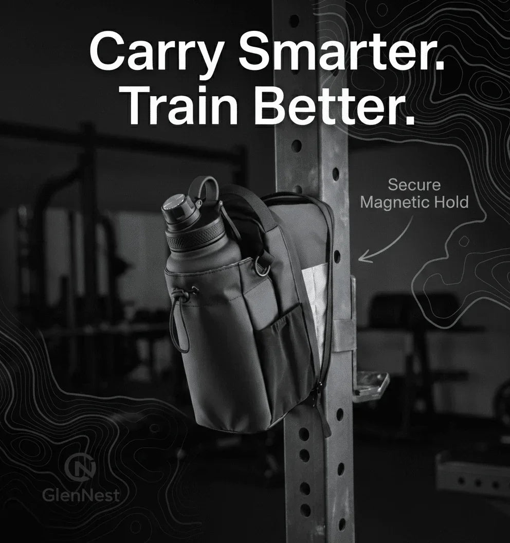 GlenNest magnetic gym bag holding water bottle attached to gym equipment with secure magnetic hold.