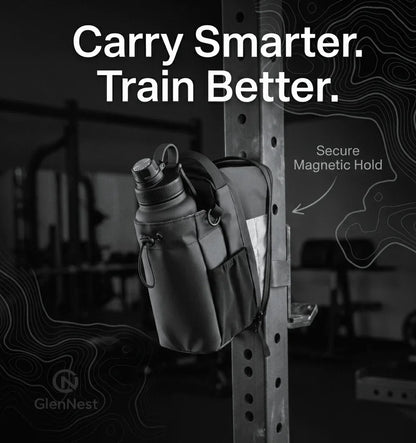 GlenNest magnetic gym bag holding water bottle attached to gym equipment with secure magnetic hold.