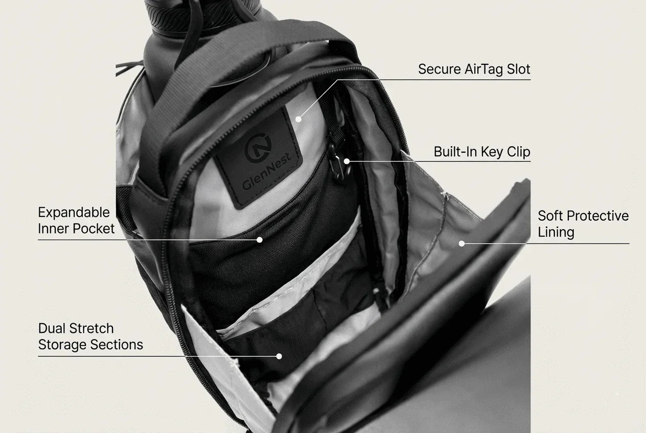 GlenNest Magnetic Gym Bag open to show expandable inner pocket, AirTag slot, key clip, and stretch storage sections.