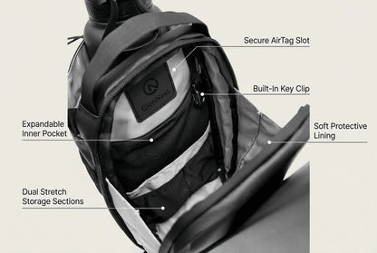 GlenNest Magnetic Gym Bag open to show expandable inner pocket, AirTag slot, key clip, and stretch storage sections.