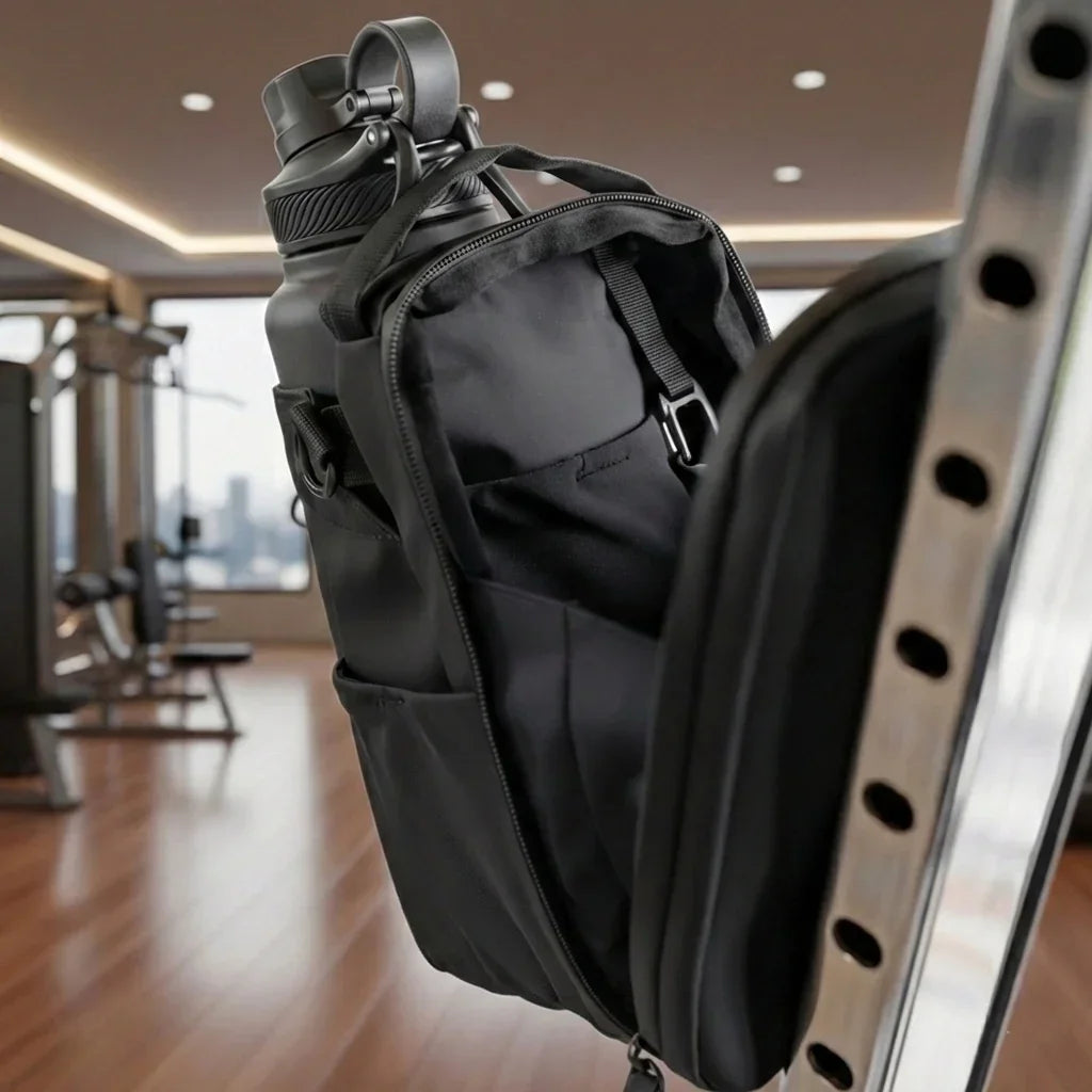 Magnetic gym bag from GlenNest holding a water bottle, attached to gym equipment indoors.