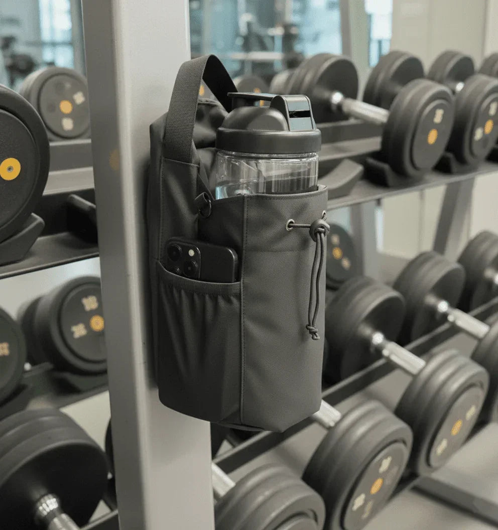 Magnetic gym bag holding a water bottle and phone, attached to gym equipment near dumbbells