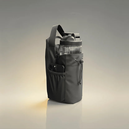 GlenNest magnetic gym bag holding a water bottle and phone, sleek modern design